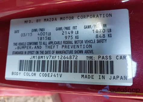 2015 Mazda Mazda3 I Touring z USA, uszkodzony, nr VIN JM1BM1V7XF1264872